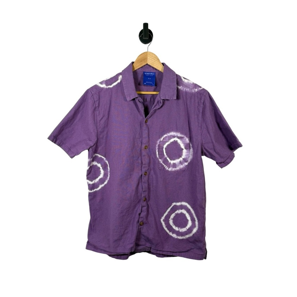 Without Walls Men’s Shibori Dye Camp Collar Linen Shirt Purple/White M